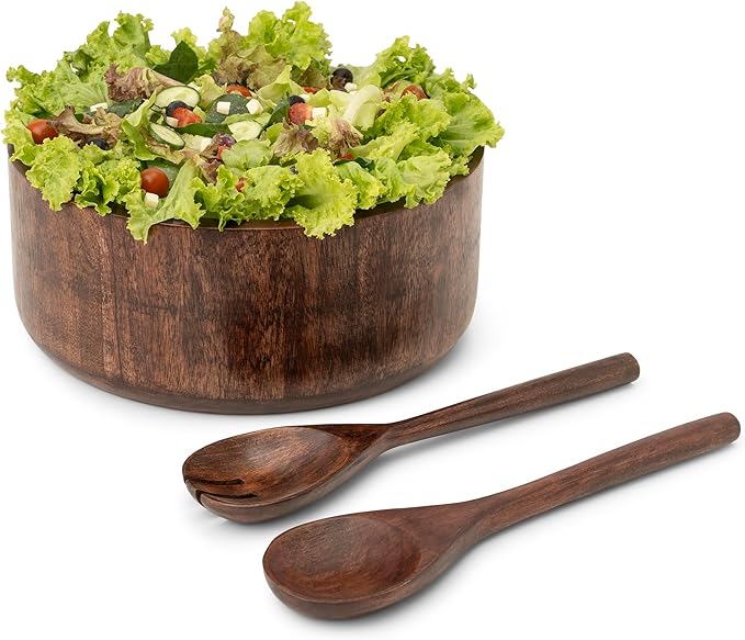 Luxe Designs 12" Dark Burnt Wooden Salad Bowl Set with Serving Utensils Eco-Friendly, Multipurpose Mixing & Serving Bowl for Salads, Pasta, Fruits & More – Durable & Stylish Kitchen Essential