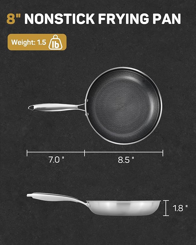 8" Hybrid Nonstick Frying Pan, Stainless Steel Ceramic Nonstick Skillet for Eggs & Omelets, Small Egg Pan, Stay-Cool Handle, Induction Compatible, Oven Safe