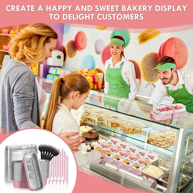 100 Pack Mini Loaf Pans with Lids and Spoons Sealing Sticker, 6.8oz Mini Cake Pans for Baking, Disposable Aluminum Foil Loaf Pans, Pink Loaf Baking Pans, Small Cake Containers With Lids
