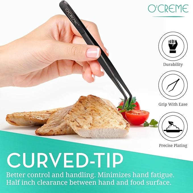 O'Creme Stainless Steel Precision Kitchen Tweezer Tongs with Serrated Tips for Gripping (10" Curved, Black)