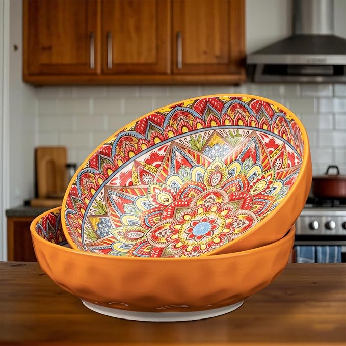 4 Pack Large Serving Bowls, 80 Oz Extra Large Salad Bowls Set of 4, Bohemian Decorative Bowls for Salad, Fruit, Pasta and Dinner, Serving Dishes Set for Party, Dishwasher & Microwave Safe, Mix-color