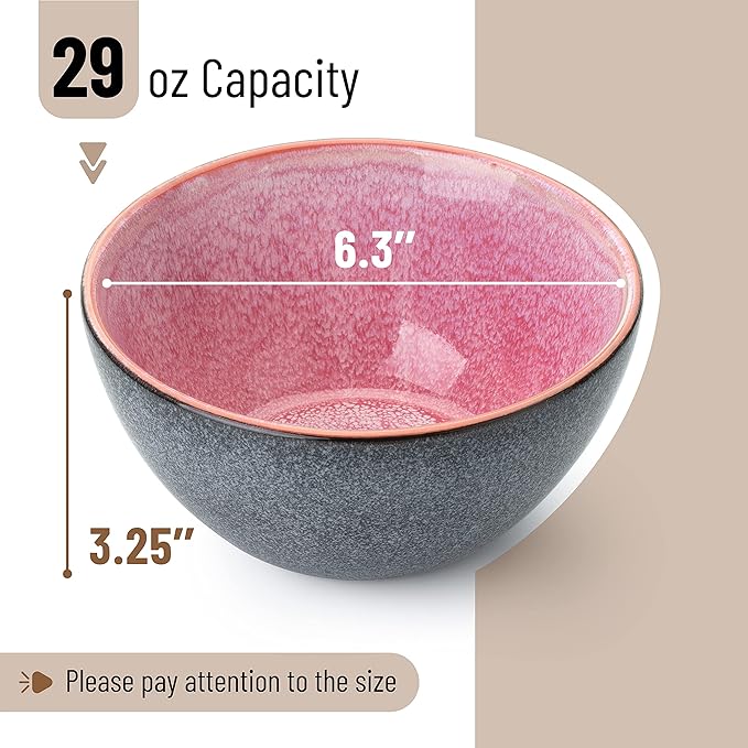 Brew To A Tea BTaT- Ceramic Cereal Bowls, 29 oz, 6 Pack, 6.3 Inches, Glazed Colors Inside, Chip-Resistant Dishwasher & Microwave Safe Bowls for Cereal, Soup, Salads, Snacks, Side Dishes