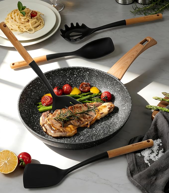 Large Silicone Kitchen Utensils Set with Holder, 25Pcs Cooking Utensil Set with Wooden Handle, Heat Resistant Spatula Sets for Cooking, BPA Free Silicone Utensils Set for Non-Stick Cookware(Black)