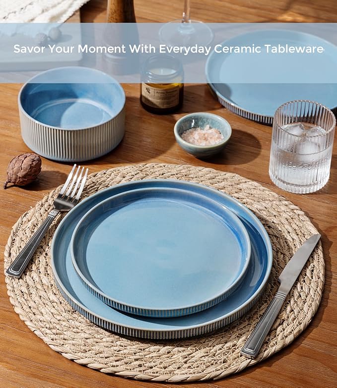 GBHOME 12-Piece Stoneware Dinnerware Set for 4 – Ribbed Ceramic Plates and Bowls, Scratch-Resistant, Microwave & Dishwasher Safe, Reactive Glaze, Alaskan Blue