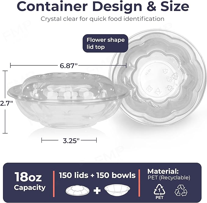 Fit Meal Prep 150 Pack 18 oz Disposable Plastic Clear Salad Bowls with Airtight Lids - To Go for Lunch, Takeout, Party, Catering, Picnic