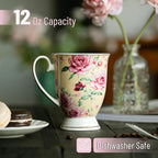 BTaT- Coffee Mugs, 12 oz, Set of 6, Floral Mugs, Porcelain Bone China, Coffee Cups