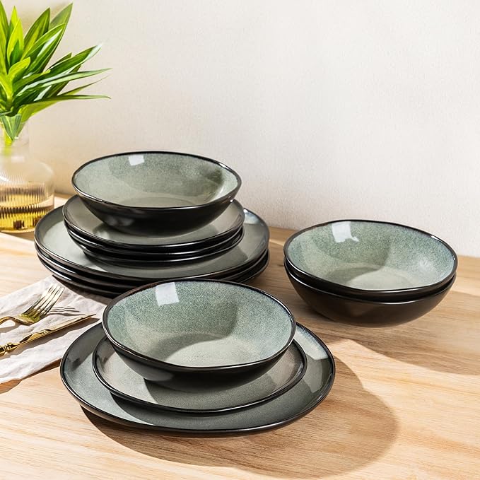 AmorArc Ceramic Dinnerware Sets,Handmade Reactive Glaze Stoneware Plates and Bowls Sets,Highly Scratch Resistant | Dishwasher & Microwave Safe Dishes Set,Service for 4 (12pc)