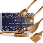 Wooden Spoons for Cooking, Nonstick Cooking Utensil Set with 5 Piece Acacia Wooden Spatulas and Spoons, as well as a Extra Whole Wood Spoon Rest, Terrific for Everyday Kitchen Tasks