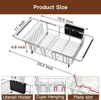 Over the Sink Expandable Dish Drainer Drying Rack In Stainless Steel for Small Kitchen, Counter Space Saving Modern Compact Metal Above Plate Dryer Strainer, Adjustable Hanging Inside Drain Holder