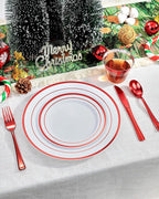 Goodluck 350 Piece Red Plastic Dinnerware Set for 50 Guests, Fancy Disposable Plates for Party, Include: 50 Dinner Plates, 50 Dessert Plates, 50 Pre Rolled Napkins with Silverware, 50 Cups