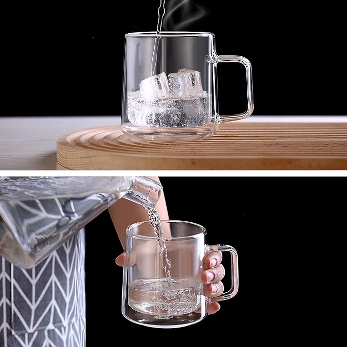CNGLASS Double Walled Glass Coffee Mugs,15oz(1-pack) Insulated Glass Mugs with Handle,Clear Espresso Cups for Latte,Cappuccino,Tea Bag