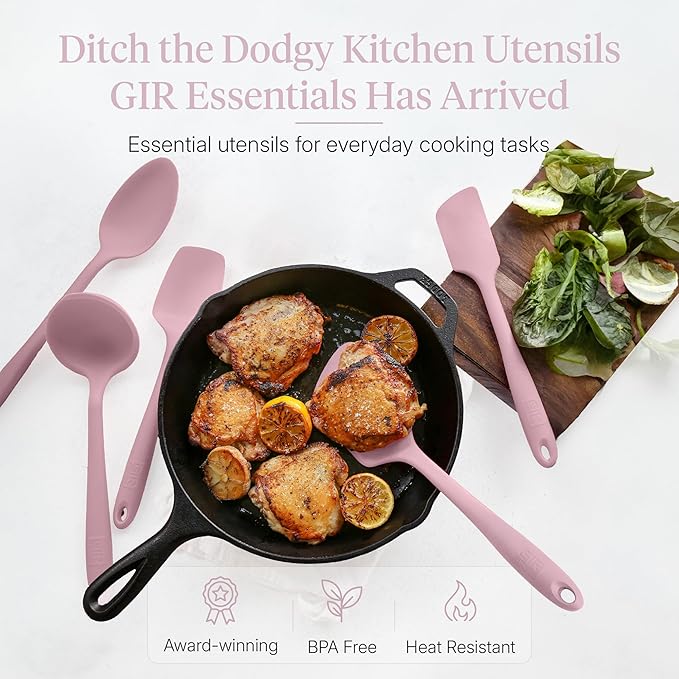 GIR 5-Piece Silicone Kitchen Utensils Set, Non-Toxic Cooking Utensils for Cooking and Baking, Heat Resistant, Food Grade, Dishwasher Safe Rubber Spatula, Ladle, Spoon - Rose