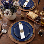 KIRE 175Pcs Blue Plastic Plates - Navy Blue Plates Disposable - 25 for Dinner 25 for Dessert 25 Pre Rolled Napkins with Gold Plastic Silverware and 25 Cups for Birthday/Wedding/Passover/Graduation