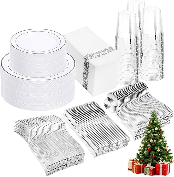 WDF Partyware 350 Pcs Silver Plastic Plates - Silver Dinnerware Set of 50 Dinner Plates 50 Dessert Plate 50 Silverware 50 Napkins 50 Cups for Christmas Party&Wedding