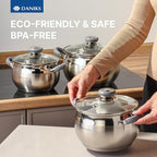 Daniks Modern 6-Piece Stainless Steel Cookware Set with Glass Lids, Tri-Ply Bases for Even Heating, Induction Compatible, Dishwasher Safe, Heatproof Handles