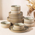 GBHOME 18-Piece Stoneware Dinnerware Set for 6 – Ribbed Ceramic Plates and Bowls, Scratch-Resistant, Microwave & Dishwasher Safe, Reactive Glaze, Celadon Mist