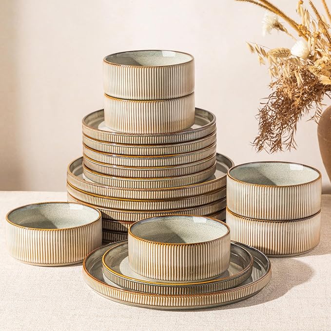 GBHOME 18-Piece Stoneware Dinnerware Set for 6 – Ribbed Ceramic Plates and Bowls, Scratch-Resistant, Microwave & Dishwasher Safe, Reactive Glaze, Celadon Mist
