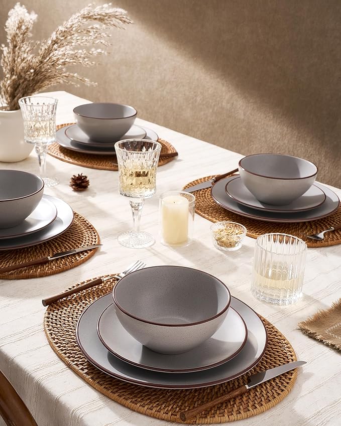 Famiware Venus Plates and Bowls Sets, 12 Pieces Stoneware Speckled Dishes Dinnerware Set for 4, Matte Light Gray - Microwave & Dishwasher Safe, Modern Minimalist, for Everyday Meals & Formal Dining