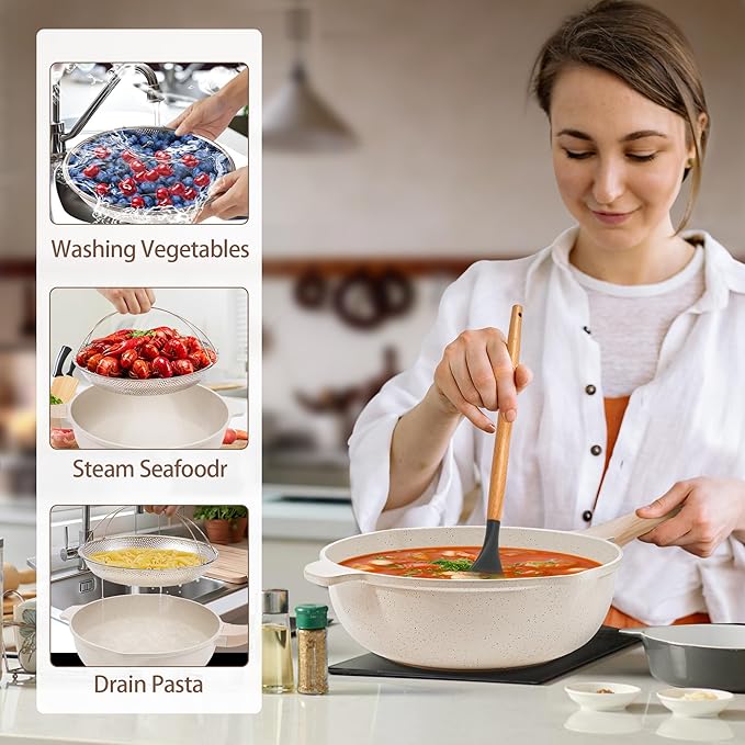 AOSION 11 Inch Nonstick Ceramic Deep Frying Pan Skille with Lid,5QT Sauté Pan for Cooking with Steam Rack,Healthy Large Skillet,Stay Cool Handle, Induction Compatible, PFOA & PFAS Free.(WHITE)