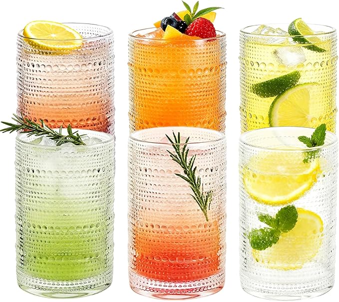 Hobnail Drinking Glasses Set of 6, 16 Oz Vintage Style Tumblers Smooth Interior Thick Durable Glasses Cups Dishwasher Safe for Water, Juice, Wine, Whiskey