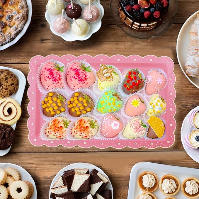 Set of 6 Plastic Serving Trays Food Tray - 14" x 9" Rectangle Serving Platter for Party Cafeteria Kitchen Restaurant , Small Flat Trays for Dessert Fruit Cookie Snack (6, Pink)