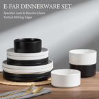 E-far 12-Piece Plates and Bowls Sets, Stoneware Dinnerware Dishes Sets for 4, Chip & Scratch Resistant Ribbed Dish Set for Home Restaurant, Microwave & Dishwasher Safe Speckled White & Matte Black