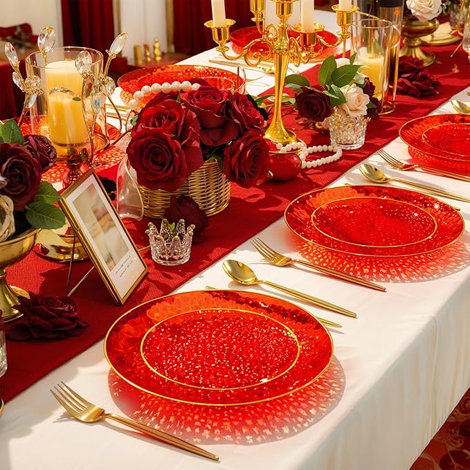 Rubtlamp 350 Pcs Plastic Dinnerware Set (50 Guests), Red And Gold Plastic Plates, Hammered Party Plates Set Include Dinner Plates, Dessert Plates, Cups, Cutlery Set And Napkins for Wedding And Party