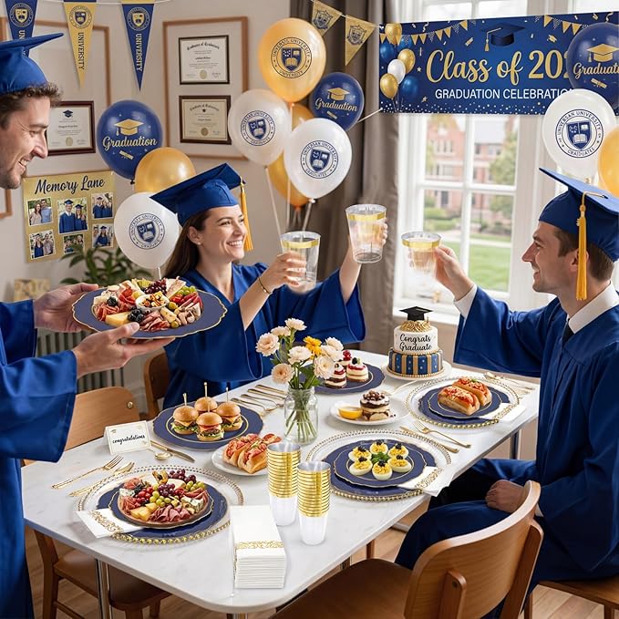KIRE 210Pcs Navy Blue Plastic Plates - Blue and Gold Plates Disposable - 30guest Baroque Plastic Dinnerware for Upscale Wedding/Parties/Passover/Graduation