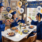 KIRE 210Pcs Navy Blue Plastic Plates - Blue and Gold Plates Disposable - 30guest Baroque Plastic Dinnerware for Upscale Wedding/Parties/Passover/Graduation