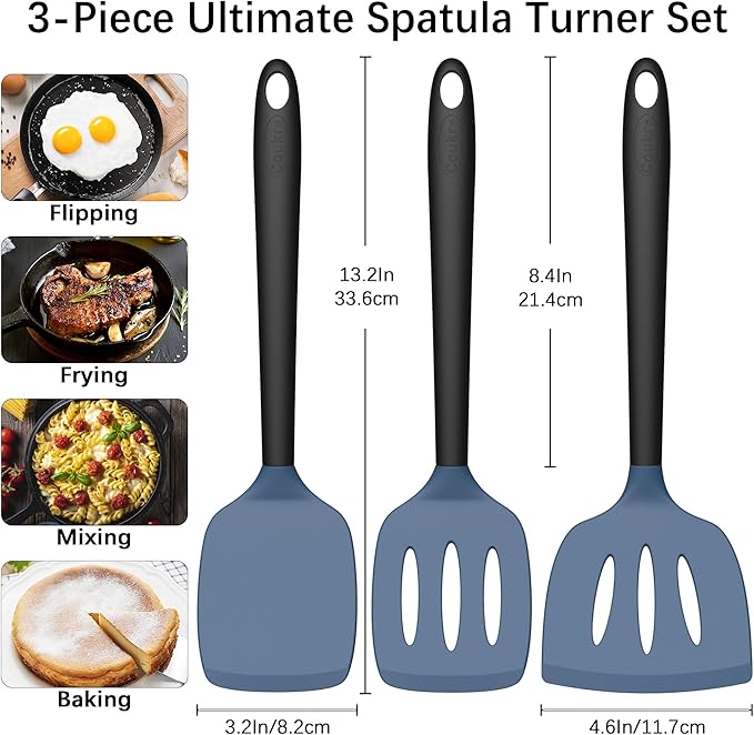 Coukre 3 Pack Silicone Spatula Set, High Heat Resistant, BPA-Free, Fish Spatula, Solid & Slotted Turner for Non-Stick Pans, Flipping Eggs, Pancakes, Fish, Burgers (3, DarkBlue)