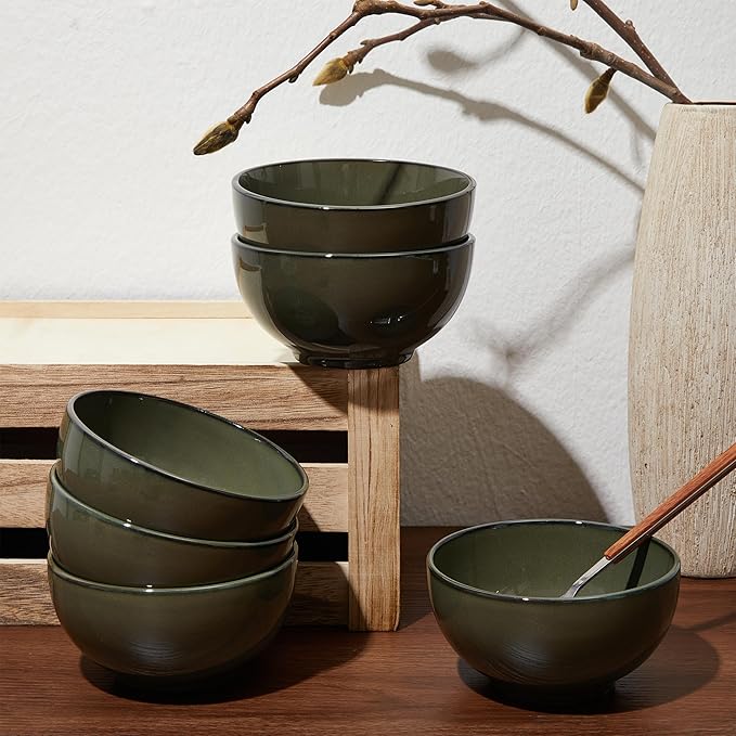 Pokini 5.3" Cereal Bowls & Dessert Bowls Set of 6-20 Oz Small Bowls for Kitchen-Ceramic Bowl for Cereal, Soup, Oatmeal, Salad, Ramen, Noodle, Rice, Yogurt-Dishwasher & Microwave Safe, Blackish Green
