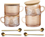 Amber Vintage Glass Coffee Mugs gifts for women, 14 Oz Set of 4 Embossed Glassware Tea Cups for Breakfast, Cappuccino, Latte, Yogurt, Christmas Mothers Day Gifts Coffee Bar Accessories