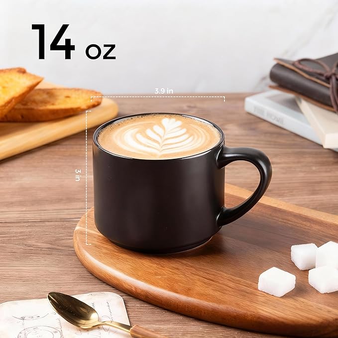GBhome 14 OZ Coffee Mugs Set of 6, Stackable Ceramic Mugs for Men, Women, Modern Coffee Cups With Stable Base for Latte, Tea, Cappuccino. Dishwasher & Microwave Safe, Matte Black
