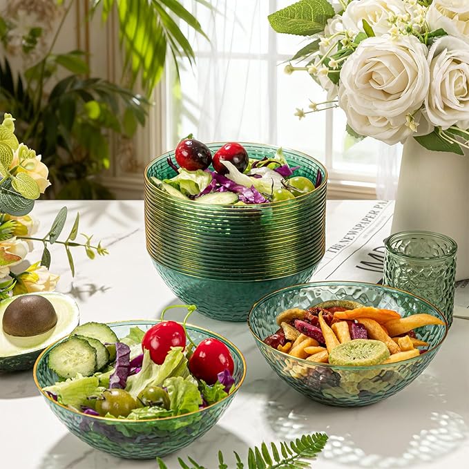 I00000 30 Pack 12 Ounce Clear Green Plastic Bowls Serving Bowls Hammered with Gold Rimmed, Heavy Duty Disposable Bowl Set,Small Bowls for Party Picnic