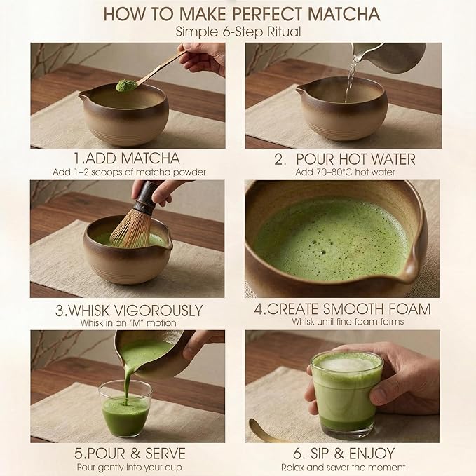 Matcha Whisk Set, 5-Piece Matcha Kit with Handmade Ceramic Bowl, 100-Prong Bamboo Whisk, Scoop, Holder & Rest – Premium Matcha Tea Set for Beginners & Tea Lovers, Gift Ready