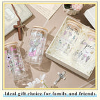 Mumufy 4 Pack Christian Inspiration Flower Glass Cup with Bamboo Lid and Straw Tumbler Iced Coffee Mugs 16 oz Glass, Mothers Day Birthday Women Religious Gift for Mom Sister Bridesmaid Baby Shower