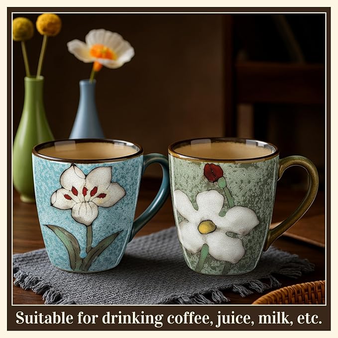 Maxdot 2 Pcs 12oz Ceramic Coffee Mugs Sets Glazing Process Cappuccino Mug Floral Ceramic Tea Cups Mother's Day Idea Gift for Women Mom Porcelain Cup for Coffee, Cocoa, Tea, Latte (Fresh)
