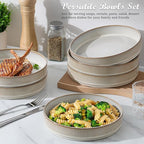 E-far Pasta Bowls Set of 6, 35oz Large Salad Bowl Plate for Dinner Serving, Wide & Shallow Ceramic Stoneware Pasta Plates, Microwave & Dishwasher Safe, Reactive Glaze Textured Stripes, Creamy Beige