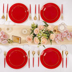 DaYammi 150Pcs Red Plastic Plates & Gold Cutlery with Red Handle,Red Disposable Plates Set Include 30 Dinner Plate, 30 Dessert Plate,30 Knives,30 Forks,30 Spoons for Mother's Day Party Wedding