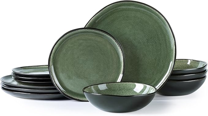 AmorArc Ceramic Dinnerware Sets,Handmade Reactive Glaze Stoneware Plates and Bowls Sets,Highly Scratch Resistant | Dishwasher & Microwave Safe Dishes Set,Service for 4 (12pc)