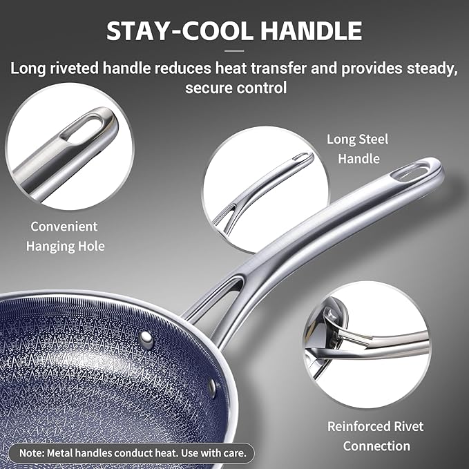 Ammeloo Hybrid Tri-Ply Stainless Steel Frying Pan Set, 8"/9.5"/11" Cooking Pans, Non Stick Frying Pans and Skillets, Chef Pan, Non Toxic, Dishwasher Safe, Induction Compatible, Blue Interior