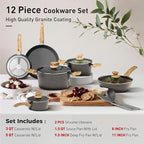 DishDelight Induction Pots and Pans Set, 12 Piece Nonstick Cookware, Granite Cooking Set with Frying Pans, Gray