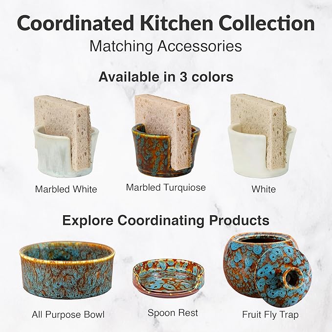Elevated Lifestyle Ceramic Sponge Holder – Sink Caddy Organizer, Decorative Bathroom and Kitchen Sink Accessories, Allows Sponge to Dry, Ideal Countertop Sponge & Bar Soap Holder - (Marbled White)