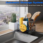 Vanwood Sponge Holder for Kitchen Sink with Self Tray, Sink Caddy Cocina Organzier with Brush Holder, Dish Sponge Caddy for Kitchen Organizers Storage Essentials (Mattle Black, 8.20"×3.54"×5.50")