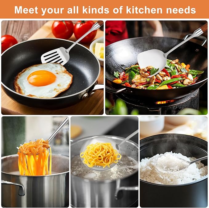 304 Stainless Steel Cooking Utensils Set with Wood Handle,10 Piece Metal Kitchen Utensils Dishwasher Safe Heat Resistant Serving Utensil Wok Tools (13-14in)
