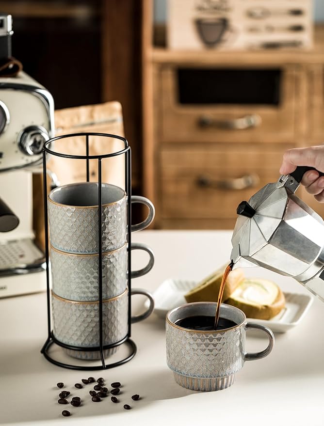 Gomakren Coffee Mugs Set of 4, 13 Ounce Stackable Coffee Mugs with Stand, Ceramic Coffee Cups with Spoon for Coffee, Espresso, Cappuccino, Latte, Cocoa, Tea and Milk, Light Gray