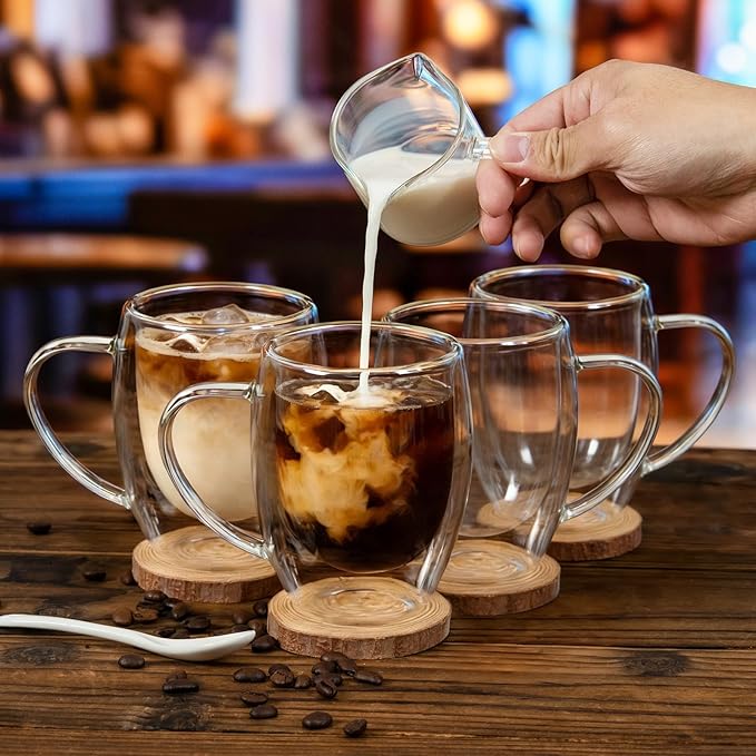 FrutPunch Double Walled Glass Coffee Mugs, Glass Coffee Mugs Set Of 4, Glass Coffee Cups with Handles, 12OZ, Suitable for Cappuccino, Latte, Espresso, Hot Drinks, Cold Drinks