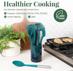Larder & Vine 12-Piece Silicone Kitchen Cooking Utensils Set with Stainless Steel Handle and Ceramic Holder, Dishwasher Safe Set of Kitchen Essentials (Bondi)