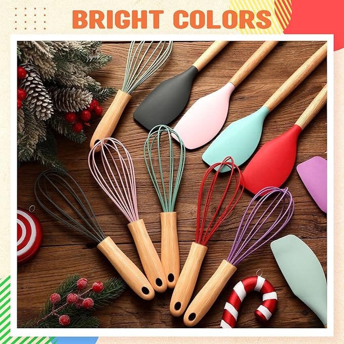 24 Pcs Small Silicone Whisks and Spatulas with Wooden Handle for Cooking 10 Inch Mini Whisk Spatula Non Stick Kitchen Baking Essentials Cookware for Valentines Day Party Favor Gift Supplies