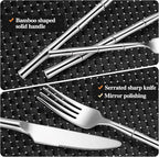 20 Pieces Bamboo Flatware Set Silverware Set Service for 4 Stainless Steel Fine Vintage Flatware Cutlery Set with Bamboo Design Handle Forged Restaurant Hotel Party Wedding Housewarming Gift Polished